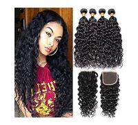 Bundles 12A Brazilian Virgin Human Hair Water Wave Bundles With Closure Wet and Wavy and Curly with Extensions Hairstyle(18 20 22 with 16,Middle Part)