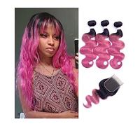 Bundles 1B Rose Pink Ombre Human Hair 2/3 Bundles with Closure Transparent Lace Body Wave Remy Hair Weave Extension 10-22 inch MogulHair Hair Weft(20 20 20 with 14)