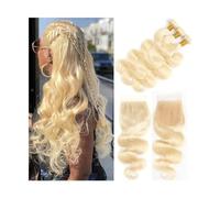 Bundles 613 Blonde Bundles with Lace Frontal Body Wave Brazilian Human Hair Weave Curly Remy with Closure for Black Women Extensions Hairstyle(13" x 4",10 12 14 16with 14)