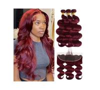 Bundles 99J Burgundy Human Hair Bundle with Frontal Double Weft Brazilian Remy Weave Body Wave 2/3/4 with 13x4 Lace Extensions Hairstyle(18 20 Closure 16)