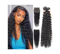 Bundles Human Hair Brazilian Human Hair Bundles with Closure Deep Wave Human Hair Weave Extensions Natural Black Remy Hair Bundles With Lace Frontal for Black Women Hair Extensions(5" x 5",36 36 38wit