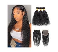 Bundles Human Hair Human Hair Bundles with Closure Free Part Kinky Curly Human Hair Weave 3 4 Bundles with Closure Natural Color Brazilian Remy Hair Extensions Hair Extensions(13" x 4",36 36 38with22)