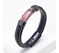 BUNGAA Clasp Rope Wristband,Men Bracelet, Natural Stone Men Black Braided Leather Bracelet Stainless Steel Magnetic Buckle Trendy Bracelet Homme Jewelry (Color : Pink Stone, Size : 23cm)