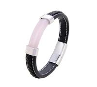 BUNGAA Clasp Rope Wristband,Men Bracelet, Natural Stone Women Bracelet Black Leather Bracelets For Men Stainless Steel Clasp Friendship Jewelry (Color : Silver-rose Quartz, Size : 23cm)