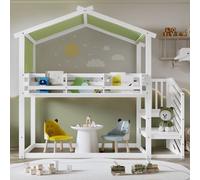 Bunk bed, Teen Bed, Children's bed MDF + Pinewood + Plywood, Decorative Canopy, Corner Staircase Matteo White Double