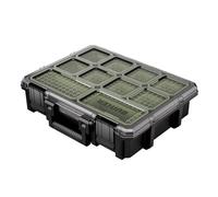 BUNKER Large Tool Organiser Case - 10 Removable Bins - Heavy Duty Storage | Heavy duty impact-resistant organiser with secure latch, water-resistant clear lid and carry handle for small parts.