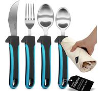 BUNMO Utensils for Elderly, Arthritis, Weak Hand Grip, Tremors & Handicapped - Convenient Travel Pouch - 3.35oz Lightweight - Stainless Steel - Eat Independently - Adaptive Blue 4 Piece Set