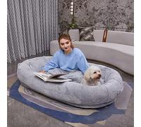 BunniBed Extra Large Human Dog Bed for People Adults and Pets, 70" x 38" x 12" Fluffy Giant Dog Beds with Removable Washable Vegan Fur Cover, Pillow and Blanket