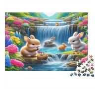 Bunnies at Waterfall 1000 Piece Puzzle Colorful Blooms Challenging Difficult Durable Cardboard for Puzzle Enthusiasts 52x38cm/1000pcs