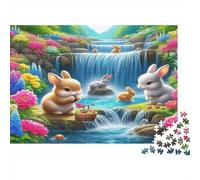 Bunnies at Waterfall 1000 Pieces Jigsaw Puzzle Colorful Blooms Relaxing Focus & Concentration Thick Cardboard for Kids Ages 14 38x26cm/1000pcs