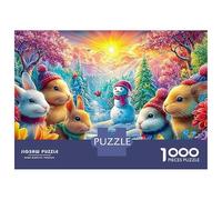 Bunnies in Winter Hats with Snowman 1000 Piece Jigsaw Puzzle Cute Rabbit Recycled Cardboard, Great Gift for All Ages 70x50cm/1000pcs