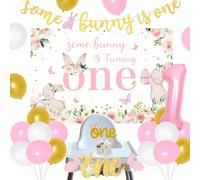 Bunny 1st Birthday Decorations for Girls Pink, Some Bunny is One Banner and Backdrop, Rabbit Balloon, High Chair Banner Cake Topper, Number 1 Foil Balloon for Spring Easter Theme First Birthday Party