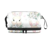 Bunny and Chamomile Flower Double Layer Cosmetic Bag for Women and Girls, Travel Toiletry Bag Makeup Handy Pouch Organiser Bag with Brush Compartment