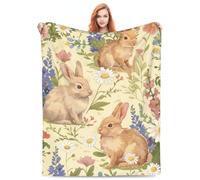Bunny Blanket for Girls Kids, Flannel Rabbit Blankets Gifts, Floral Daisy Bunny Throw Blanket for Sofa Couch Bed Living Room Soft Warm Cozy Bunny Decor 60" x 50"
