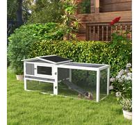 PawHut Rabbit Hutch with Run Wooden Guinea Pig Hutch Outdoor Bunny Cage Hide House with Sliding Tray, Hay Rack, Ramp, 156 x 58 x 68cm, Grey