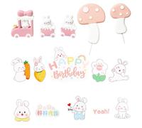 Bunny Cake Decoration Set with 3pcs Rabbit Figures Accessories 10pcs Cake Topper Pink Decoration Supplies Suitable for Girls Boys Kids Birthday Party Ornament