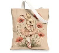 Bunny Canvas Tote Bags, Cute Rabbit Floral Pattern Reusable Grocery Bags, Vintage Lightweight Washable Shoulder Strap, Beige, 13x15 Inch