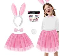 Bunny Costume Kids Girls, Rabbit Costume Set Toddlers Tutu Skirt with Bunny Ears Headband Tail Face Sticker Bow Tie Fancy Dress Up Outfits Girls for World Book Day Halloween Easter Cosplay