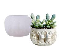 Bunny Couple Planter Pot Silicone Mold - Thick-Wall Round Jar Mold with Floral Relief & Rabbit Couple Design, Easy Demold for Candle Holder, Planter, Resin Craft, Gypsum, Cement, Wax (9.4cm x 6cm)