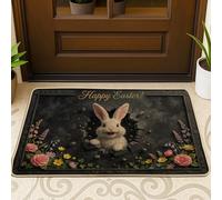 Bunny Door Mat, Spring Festive Flowers Cracked Wall Easter Pastel Peach Rubber Non-Slip Under Doormat Rug Entryway Decor for Front Porch Bathroom Office 29x17 Inch