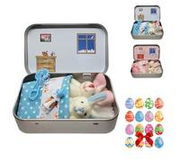 Bunny Easter Plush Mummy and Baby Bunnies in Pocket Tin - Easter Bunny in a Tin, Rabbit Soft Toy for Easter Basket Stuffers, Keepsake Gift for Kids Girls Boys, Tiny Bunny Matchbox Style (Blue)