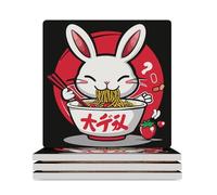 Bunny Eating Ramen Japanese Food Ceramic Coasters Square Drinks Coaster Decorative Coasters Set Kitchen Desktop Decor 4PCS