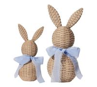 Bunny Figurines - 2 Piece Resin Woven Rustic Rabbit With Bow, Rabbit Figurine, Easter Spring Home Decor | Farmhouse Table Desk Shelf Apartment Living Room Holiday Party Decoration Set 17Cm