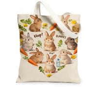 Bunny Floral Canvas Tote Bags, Cute Rabbit Pattern Reusable Grocery Bags, Spring Vintage Lightweight Washable Shoulder Stra, Beige, 13x15 Inch