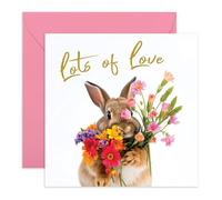 Bunny Greeting Card - Lots of Love with Flowers - Animal Card for Friends, Family, Kids, Husband, Wife, Boyfriend, Girlfriend, Family - Valentines Day or Thinking of You Cards - Comes with Stickers