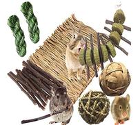 Bunny Hamsters Chew Toys Set, Straw Woven Bed Mat& Rabbit Pet Tooth Organic Natural Apple Wood Grass Cake Ideal for Chinchilla, Guinea Pigs, Syrian Rat,Birds,Teeth Grinding