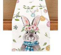 Bunny Happy Linen Easter Flowers Table Runner - Seasonal Spring Farmhouse Kitchen Dining Bunny Egg Easter Table Runner Decoration for Home Party Decor Indoor Outdoor 13x72 Inch