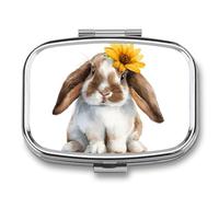 Bunny Head with A Yellow Sunflower Pill Box 2 Compartment Portable Medicine Pill Case Travel Pill Organizer for Pocket Purse