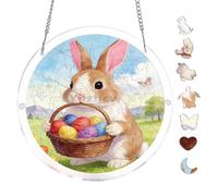 Bunny Holding Egg Basket 7.8x7.8Inch Round Acrylic Hanging Puzzle | Creative Home Accent with Visual Appeal