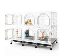 Bunny House Enclosure with Clear Front View, Rabbit Cage with Knob Lock | Dense Mesh Foot Pad, Pull-Out Tray Fast Cleaning, 360° Rolling Casters, Activity Space, Small Animal Playpen(111x47x82cm)