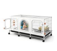 Bunny House Enclosure with Clear Front View, Rabbit Cage with Knob Lock | Dense Mesh Foot Pad, Pull-Out Tray Fast Cleaning, 360° Rolling Casters, Activity Space, Small Animal Playpen(111x47x47cm)