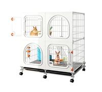 Bunny House Enclosure with Clear Front View, Rabbit Cage with Knob Lock | Dense Mesh Foot Pad, Pull-Out Tray Fast Cleaning, 360° Rolling Casters, Activity Space, Small Animal Playpen(74x37x82cm)