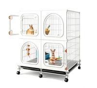 Bunny House Enclosure with Clear Front View, Rabbit Cage with Knob Lock | Dense Mesh Foot Pad, Pull-Out Tray Fast Cleaning, 360° Rolling Casters, Activity Space, Small Animal Playpen(74x47x82cm)
