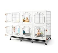 Bunny House Enclosure with Clear Front View, Rabbit Cage with Knob Lock | Dense Mesh Foot Pad, Pull-Out Tray Fast Cleaning, 360° Rolling Casters, Activity Space, Small Animal Playpen(111x37x82cm)