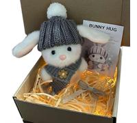 Bunny Hugs In Box - Mini Soft Pocket Rabbit Stuffed Animal, Easter Bunny Plush with Knitted Outfit, LED Light Strip & Inspirational Card (Gray)