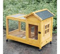 Bunny Hutch for 2 Bunnies, Outdoor Solid Wood Cage with Wheels, Asphalt Roof, Pull-out Tray, Small Animal Pet Enclosure