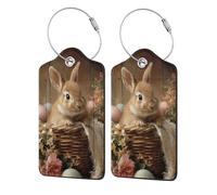 Bunny in an Easter Basket Luggage Tag for Suitcase 2 Pack Leather Luggage Tag with Privacy Flap Name Id Label and Metal Loop for Women Men Travel