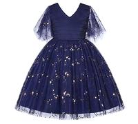 BUNNY LULU Filles Robe inclinée épaule Demoiselle d'honneur Mariage Princesse Arc des Enfants Bal d'Anniversaire soirée Spectacle Lavender, Dark Blue 3, 4-5 Years
