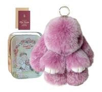 Bunny Lulu Keychain With Tin Box - Fluffy Trinket, Soft Plush Pendant, Cute Rabbit Key Ring Charm Handbag Ornaments for Women and Girls (A)