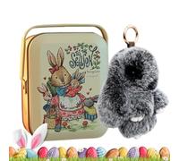Bunny-Lulu Keyring In A Tin, Bunny-Lulu Keychain With Tin Box, Handmade Rabbit Pendant, Easter Rabbit Bag Charm, Cute Hangable Bunny Animal Fluffys Key Ring(Black)