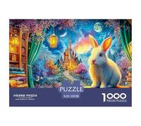 Bunny on Books, Library Meets Fairy-tale Scene 1000 Piece Jigsaw Puzzle Cute Rabbit Recycled Cardboard, Challenging Puzzle for Adults 52x38cm/1000pcs