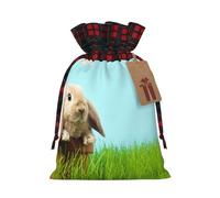 Bunny On Green Grass Christmas Drawstring Linen Gift Bag Paired With Scottish Plaid Fabric, With A Delicate And Simple Texture