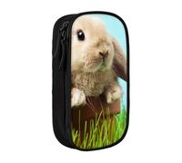 Bunny on Green Grass Pencil Case Black Pencil Bag with 2 Compartments | Large Capacity Pencil Pouch Stationery Organizer Makeup Bag For Students Office Travel Art Supplies