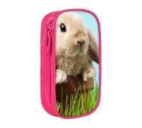 Bunny on Green Grass Pencil Case Pink Pencil Bag with 2 Compartments | Large Capacity Pencil Pouch Stationery Organizer Makeup Bag For Students Office Travel Art Supplies