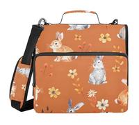 Bunny Rabbit Cartoons and Cute Flower on Orange Background 3 Ring Zipper Binder with Handle Shoulder Strap, 500 Sheet Capacity Multi-Pocket Storage Organizer Bag for School Office