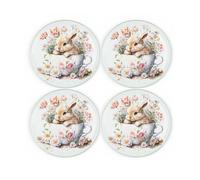 Bunny Rabbit Coaster Set - Round Glass Teacup Floral Bunny Design Gift - Set of Four (4) Drinks Coasters
